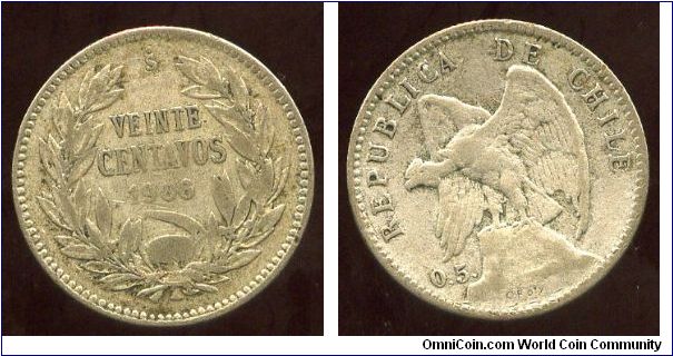 1908So
20 Centavos
Value & date in wreath
Condor stood on a rock
Mint mark So = Santiago