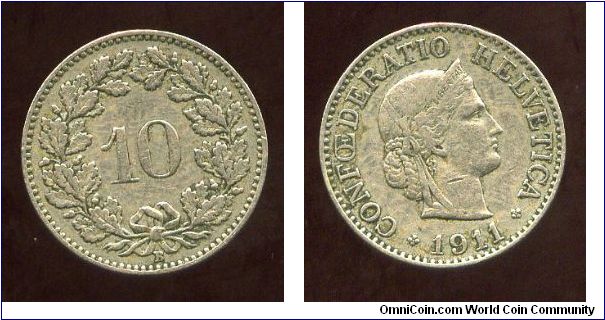 1911B
10 Centimes
Value in wreath
Helvitica
Mint mark B = Bern