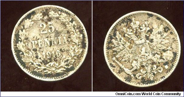 Finland (Grand Dutchy)
1916
25 Pennia
Value & date
Imperial Russian Eagle, with Finnish Lion in the center