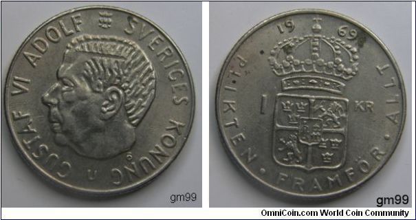 1 Krona
 king Gustaf VI (1950-73). 
copper-nickel clad copper