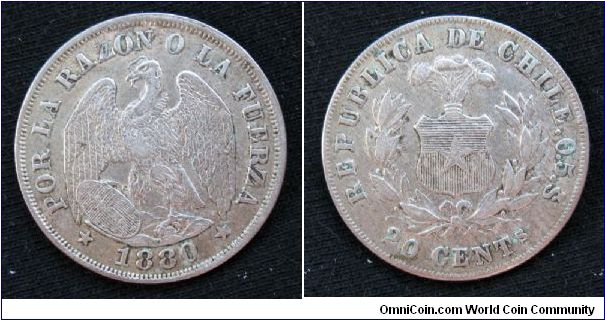 Republic of Chile 20 cents, AR.  Minted in Santiago.