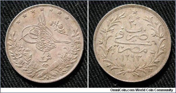 Egypt (Ottoman Empire), 2 qirsh, AR, reverse ascension year 1293, year 30.  Minted at Heaton Mint.