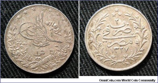 Egypt (Ottoman Empire) 1 qirsh, AR, reverse ascension year 1327, year 2.  Minted at Heaton Mint.
