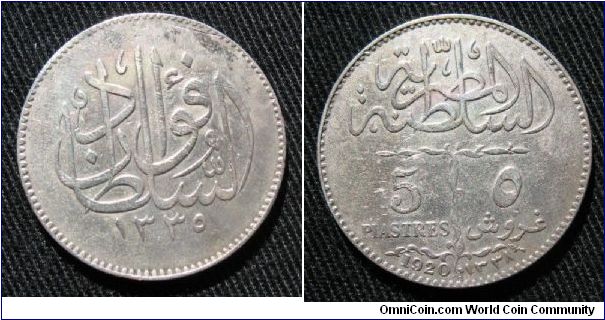 Egypt (formal British Occupation) 5 piastres, AR.  Dated 1338 AH reverse, along with Gregorian date 1920.
