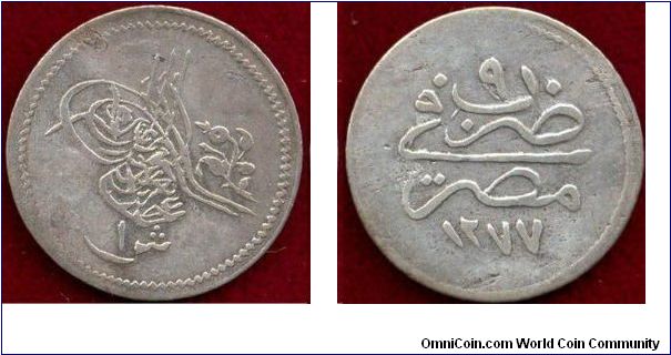 Egypt (Ottoman Empire) 1 qirsh, AR, reverse ascension year 1277, year 9.