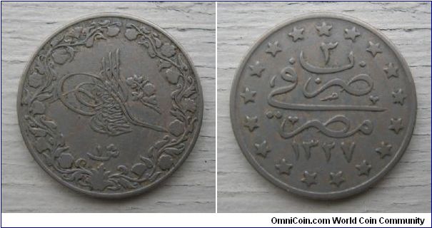 Egypt (Ottoman Empire) 1 qirsh, Cu-Ni, reverse ascension year 1327, year 3.
