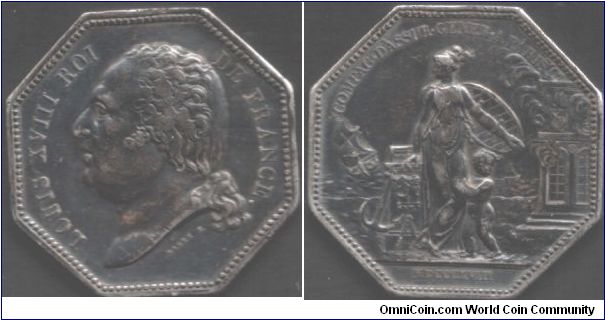 nice dark toned original silver jeton issued for the `Compagnie D'Assurance Generale de Paris' in 1818.  There are a number of varieties of this particular jeton, but this one is the `daddy'.