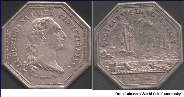A nice example of an original silver jeton issued for the Chambre de Commerce de Marseille. Obverse, bust of Louis XVI. Reverse, harbour scene by Alphe Dubois.