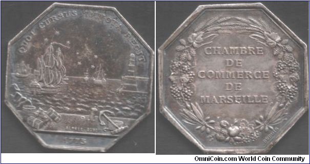 A nice dark toned silver jeton issued for the Chambre de Commerce de Marseille. Obverse utilises the 1775 reverse engraved by A Dubois. This jeton was issued post 1880.