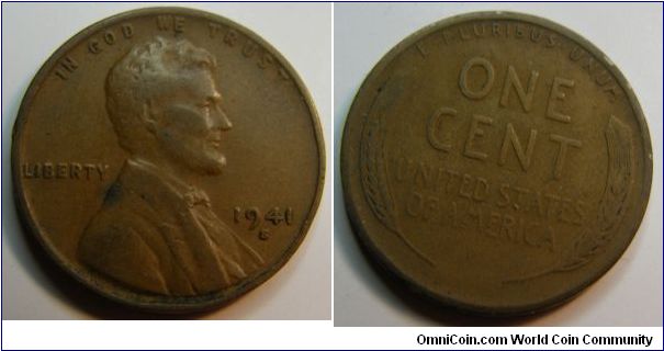 Bronze
1941S Wheat Penny
Composition: .950 Copper, .05 Tin and Zinc 
Diameter: 19 mm 
Weight: 3.11 grams 
Edge: Plain