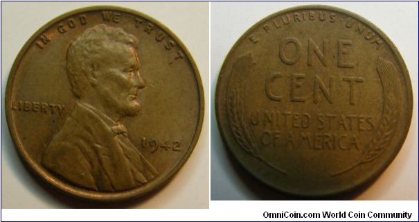 Bronze
1942 Wheat Penny
Composition: .950 Copper, .05 Tin and Zinc 
Diameter: 19 mm 
Weight: 3.11 grams 
Edge: Plain