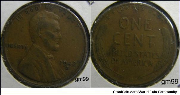 LINCOLN CENTS, WHEAT EAR REVERSE (1909-1958)1942S-Mintmark: S (for San Francisco, CA) below the date.Mintage:
Circulation strikes: 85,590,000 
Proofs: 0