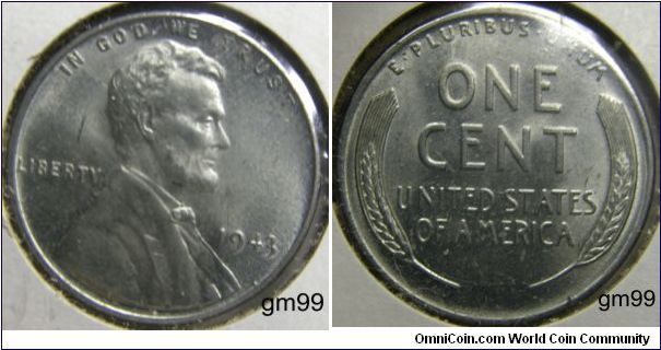 Due to wartime needs of copper for use in ammunition and other military equipment during World War II, 
Zinc-plated steel (1943)