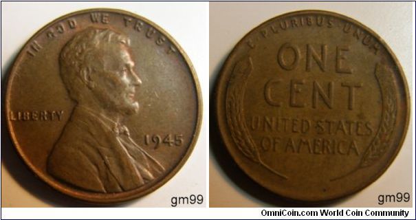 1945 Wheat Penny Obverse; IN GOD WE TRUST, Lincoln head right, Liberty left, date right. Reverse: E PLURIBUS UNUM, ONE CENT,WHEAT ON EACH SIDE OF THE UNITED STATES OF AMERICA. Copper-Zinc.