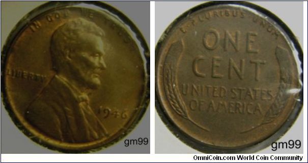 1946 Wheat Penny Obverse; IN GOD WE TRUST, Lincoln head right, Liberty left, date right. Reverse: E PLURIBUS UNUM, ONE CENT,WHEAT ON EACH SIDE OF THE UNITED STATES OF AMERICA.