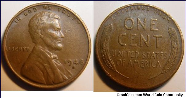 Bronze 
1948S Wheat Penny
Composition: .950 Copper, .05 Tin and Zinc 
Diameter: 19 mm 
Weight: 3.11 grams 
Edge: Plain