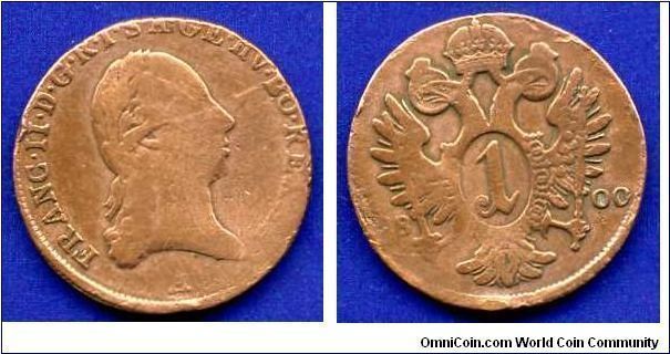 1 kreutzer.
Francisc II (1792-1806) emperor of Holy Roman empire.
(A) Vienna mint.


Cu.