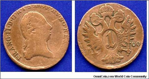 1 kreutzer.
Francisc II (1792-1806) emperor of Holy Roman empire.
(A) Vienna mint.


Cu.