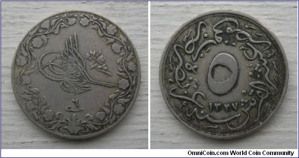 Egypt (Ottoman Empire) 5/10 qirsh, Cu-Ni, reverse ascension year 1327, year 6