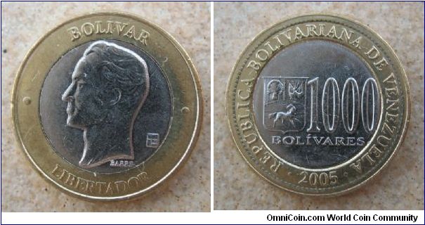 Republica Bolivariana de Venezuela, 1000 bolivares, bi-metallic.  This coin looks similar to the planned 1 'Bolivar Fuerte' coin due out Jan 1, 2008.