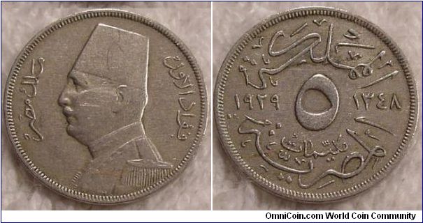 Kingdom of Egypt, 5 millemes, Cu-Ni, King Fu'ad I, also dated 1929 AD reverse.  Minted in Budapest.