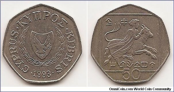 50 Cents
KM#66
7.0000 g., Copper-Nickel, 26 mm. Subject: Abduction of Europa
Obv: Shielded arms within wreath, date below Rev: Figure riding
bull within square, denomination below
