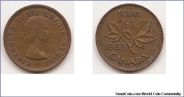 1 Cent
KM#49
3.2400 g. Comp.: Bronze Ruler: Elizabeth II Obv.: Laureate bust
rightRev.: Maple leaf divides date and denomination Size: 19.10 mm.