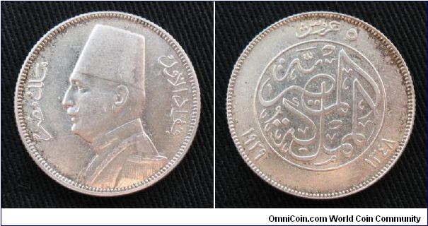 Kingdom of Egypt, 5 piastres, AR, King Fu'ad I, also dated 1929 AD.  Minted in Budapest.