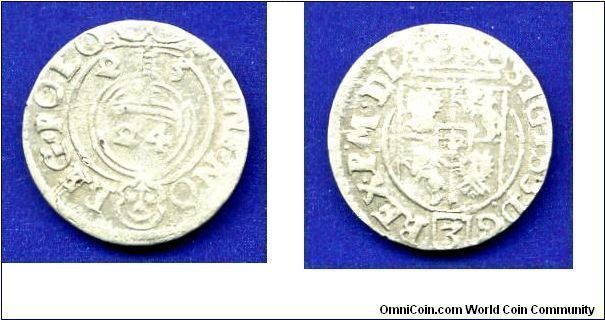 1/24 thaler(folkname - poltorak).
Rechpospolita.
Sigismund III Vasa (1587-1632). Krakov mint.
 Sign of Great Crowned Podskarbiy (emblem 'SAS') Nicholas Danilovich in 1616-24.


Ag~250f. 1,08gr.