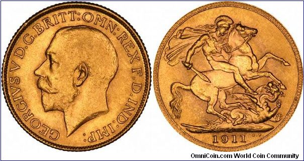 Ottawa Canada Mint sovereign of George V, from 1911, the first year of his reign.