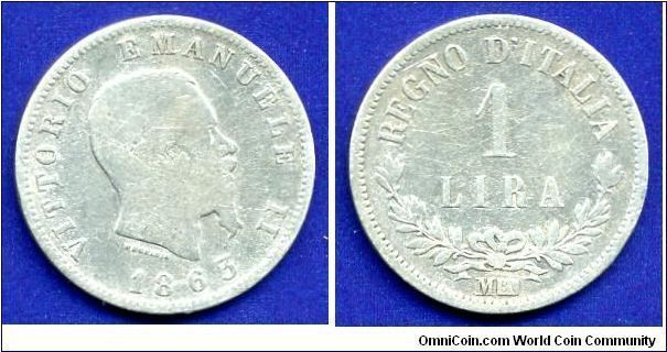 1 Lira.
Vittorio-Emanuele II (1861-1878).
(M) Milan mint.


Ag835f. 5,0gr.