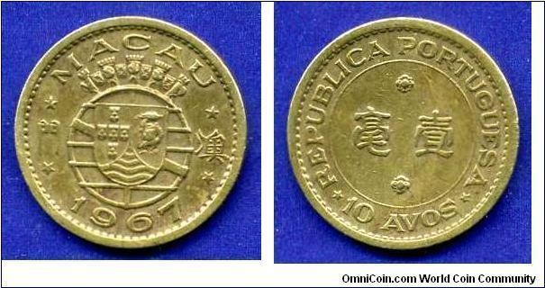 10 avos.
Republica Portuguesa.
*MACAU*.
Mintage 5,525,000 units.
'Yellow' 10 avos.


Al-Br.