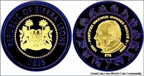 Pope John Paul II on bi-coloured gold and niobium proof. While we tend not to like gimmicky coins, the purple with gold makes for a pretty coloured coin.