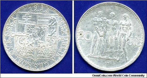 20 krones.
'Hermes and workings'.
Chekhoslovakian republic.
Mintage 2,280,000 units.


Ag700f. 12gr.