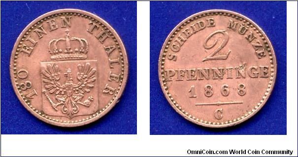 2 pfenninge.
Kingdom of Prussia.
Wilhelm I (1861-1871, as Emperor 1871-1888).

Cu.