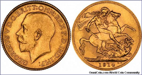 Ottawa Canada Mint sovereign of George V, from 1914, quite a rare date mintmark combination.