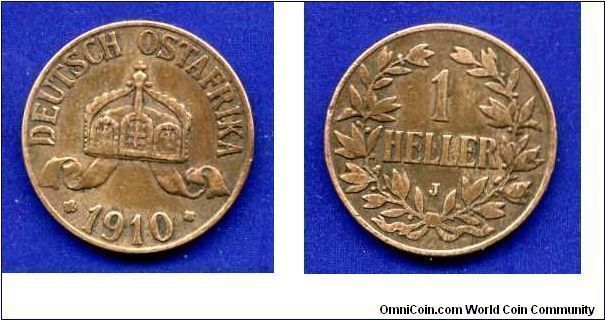 1 heller.
DEUTSCH OST AFRIKA.
Wilhelm II (1888-1918).
(J)Hamburg.
Mintage 5,096,000 units.

Br.
