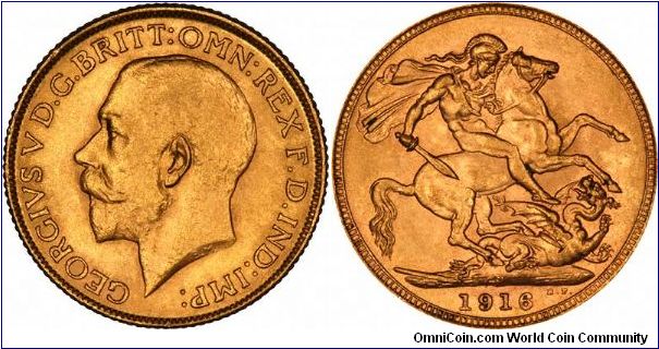 Sydney Mint sovereign of George V. After 1915, mintages start to fall off for sovereigns, caused by inflation and war.