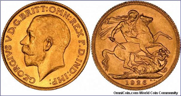 Melbourne Mint sovereign of George V, scarce compared with the 1926 Pretoria Mint issue.