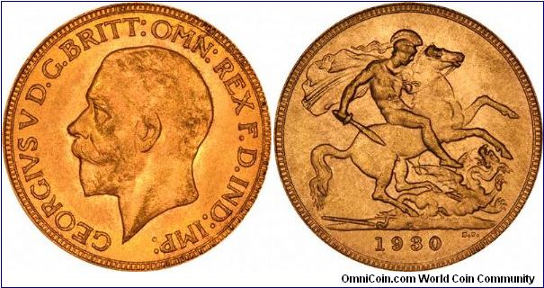 Perth Mint sovereign of George V. All sovereigns from 1929 to 1932 use the second head portrait of George V.
