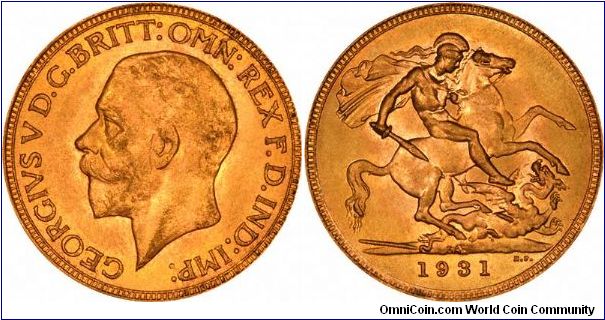 Pretoria Mint sovereign of George V. All sovereigns from 1929 to 1932 use the second head portrait of George V.