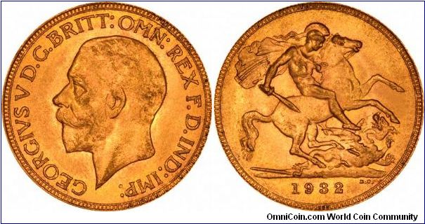 The Pretoria Mint was the only mint still striking sovereigns in 1932. This is the last date of George V sovereign, and the last non-proof one until 1957.