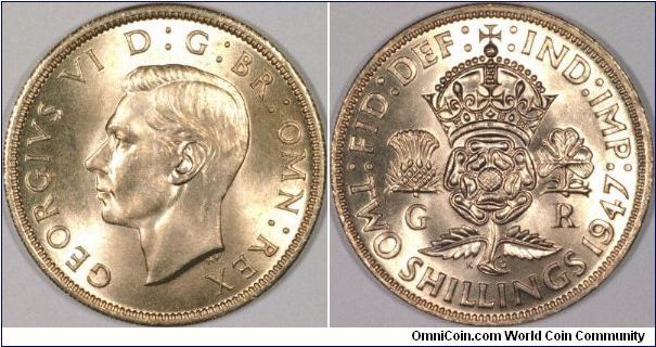 The first date of cupro-nickel coinage in Britain, previous 'silver' coins were 50% silver from 1920 to 1946 inclusive. This is a florin or two shillings.