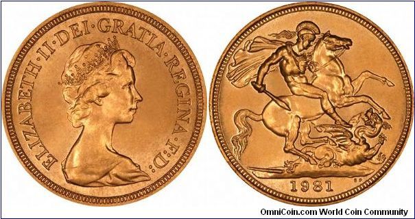 1981 sovereign featuring the decimal portrait of the Queen.