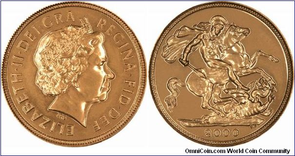 The first of the recent 'bullion' or uncirculated sovereigns. Also issued as proofs.