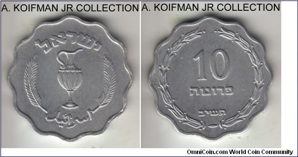 KM-17, 1952 Israel 10 prutot; aluminum, plain edge, scalloped flan; earlier Israeli issue, 1-year type, common but good uncirculated specimen.