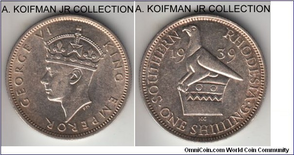 KM-18, 1939 Southern Rhodesia shilling; silver, reeded edge; George VI second issue and war time mintage, smallest of the type, lustrous good extra fine.