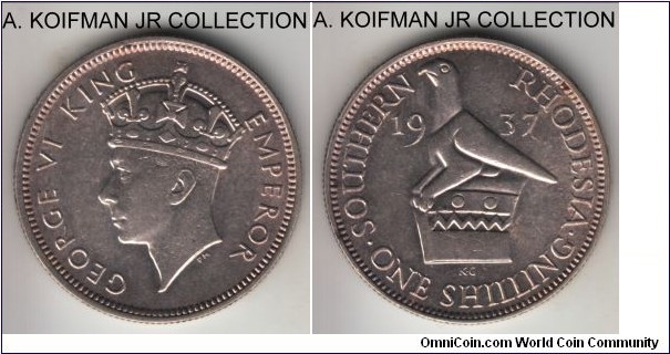 KM-11, 1937 Southern Rhodesia shilling; silver, reeded edge; George VI coronation year and one year type that was quickly replaced with more robust obverse design, pleasantly toned good extra fine.
