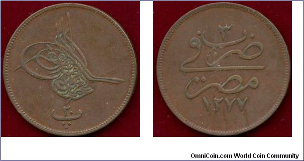 Egypt (Ottoman Empire), 20 para, Cu, ascension date 1277, year 3.