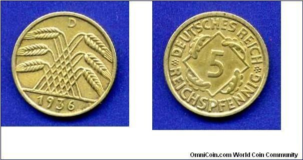 5 reichspfennig.
The Third Reich.
(D) Munich mint.


Al-Br.